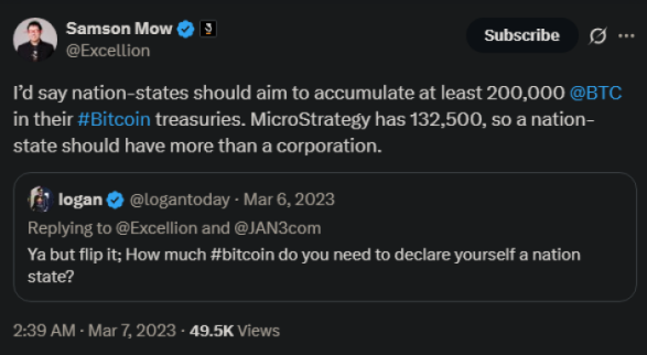 Samson Mow’s 2023 X post urging nation-states to buy more $BTC 