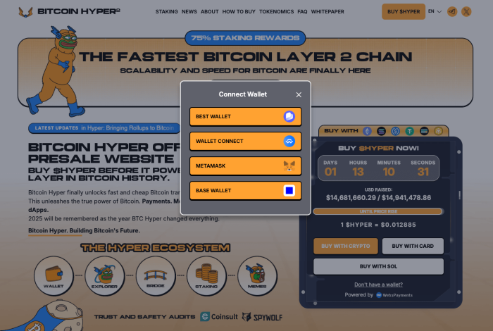Bitcoin Hyper's presale page with the crypto wallet selection pop-up.