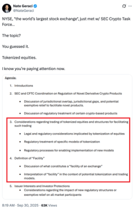 Nate Geraci's post on X saying the NYSE met with the SEC Crypto Task Force to discuss tokenized securities.