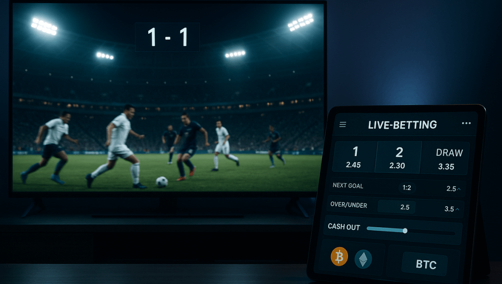 Live World Cup action alongside a crypto live-betting interface with real-time odds.