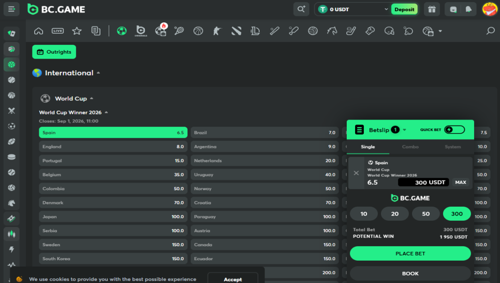 Crypto sportsbook interface showing World Cup 2026 odds with Bitcoin and Ethereum payment icons.