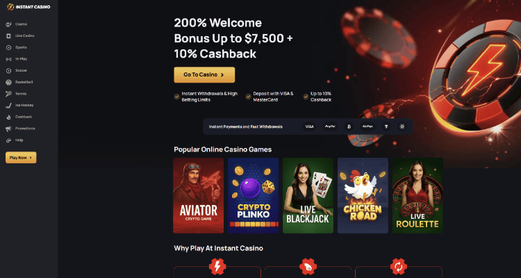 1. Instant Casino – kazino internete, kuris siūlo greitas išmokas ir dosnius bonusus