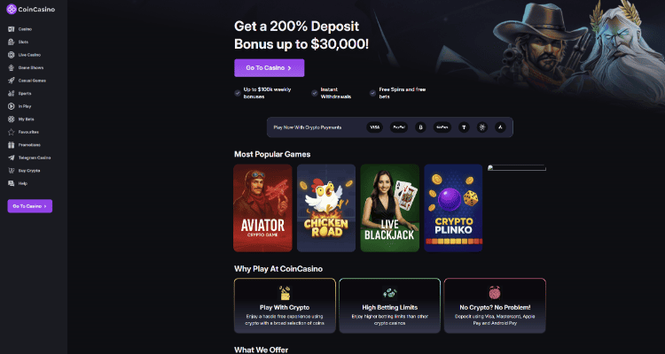 2. CoinCasino – kazino internete su kriptovaliutų privalumais