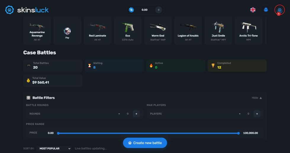 Case Battle na SkinsLuck – vytvořte vlastní bitvu nebo se připojte ke stávající