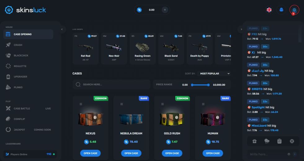 Herní režim Case Opening na SkinsLuck