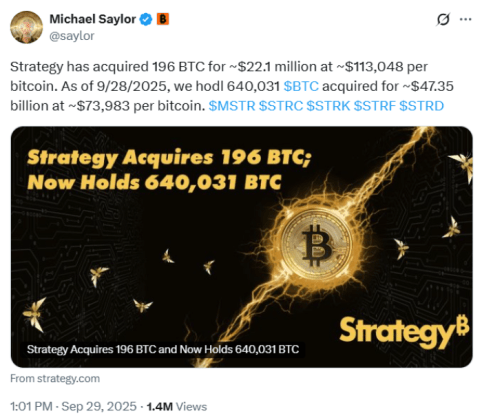 Michael Strategy announced Strategy’s most recent BTC acquisition on X.