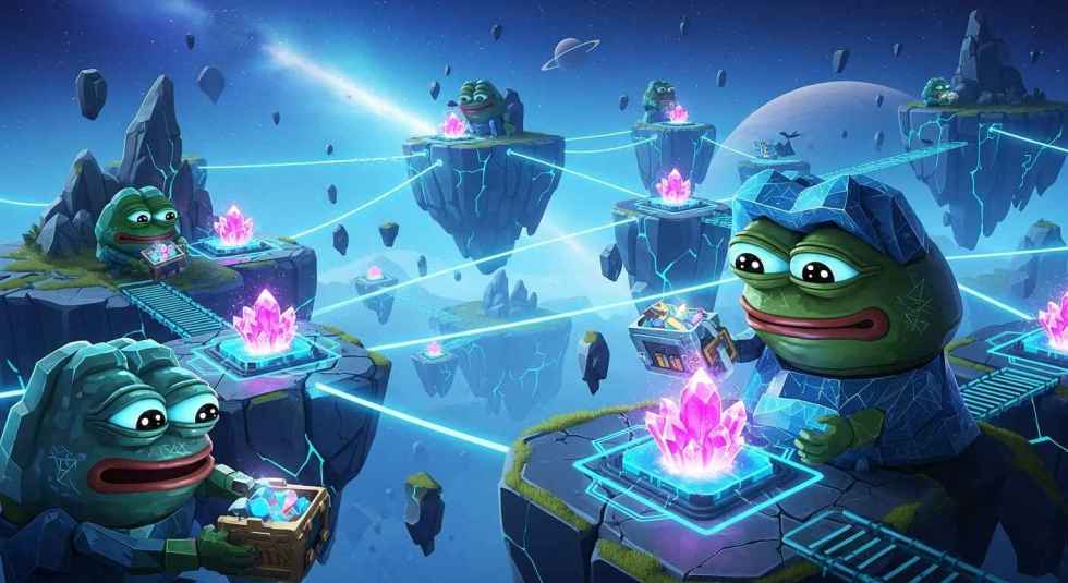 ภาพจักรวาลเกม PepeNode แบบดิจิทัล ตัวละคร Pepe กำลังขุดหา เหรียญใหม่ที่จะเข้า Binance.