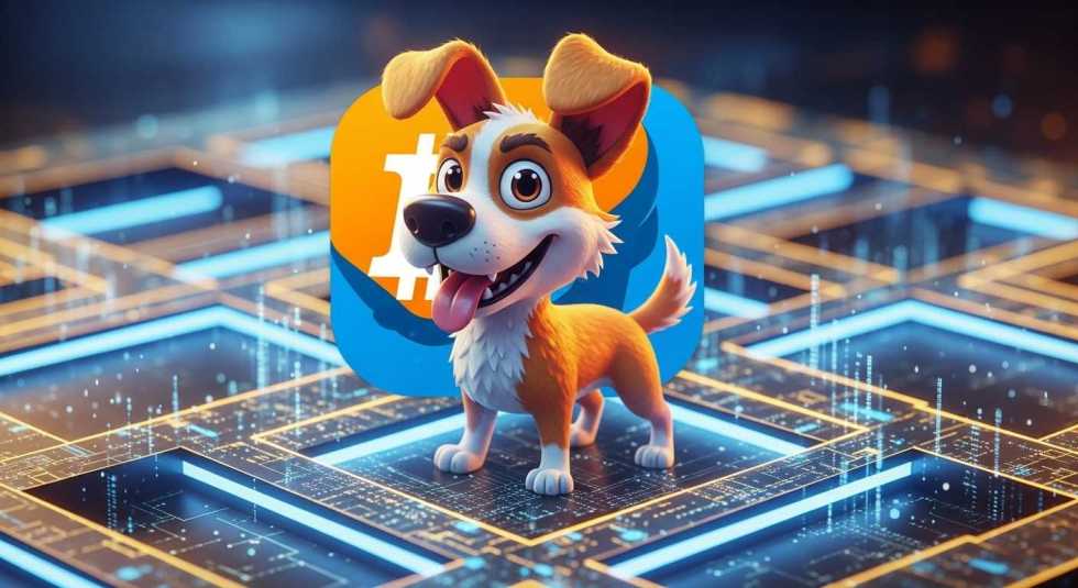 ภาพสุนัขการ์ตูนเสมือนจริงบนโครงข่ายบล็อกเชน Bitcoin Runes แสดงถึงเหรียญ DOG ที่กำลังเป็นที่นิยม