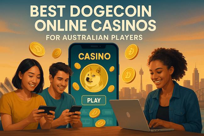 A featured image for an article about the best Dogecoin online casinos in Australia, showing people playing casino games on their phones and on a computer with Dogecoin, and some Aussie skylines in the background.