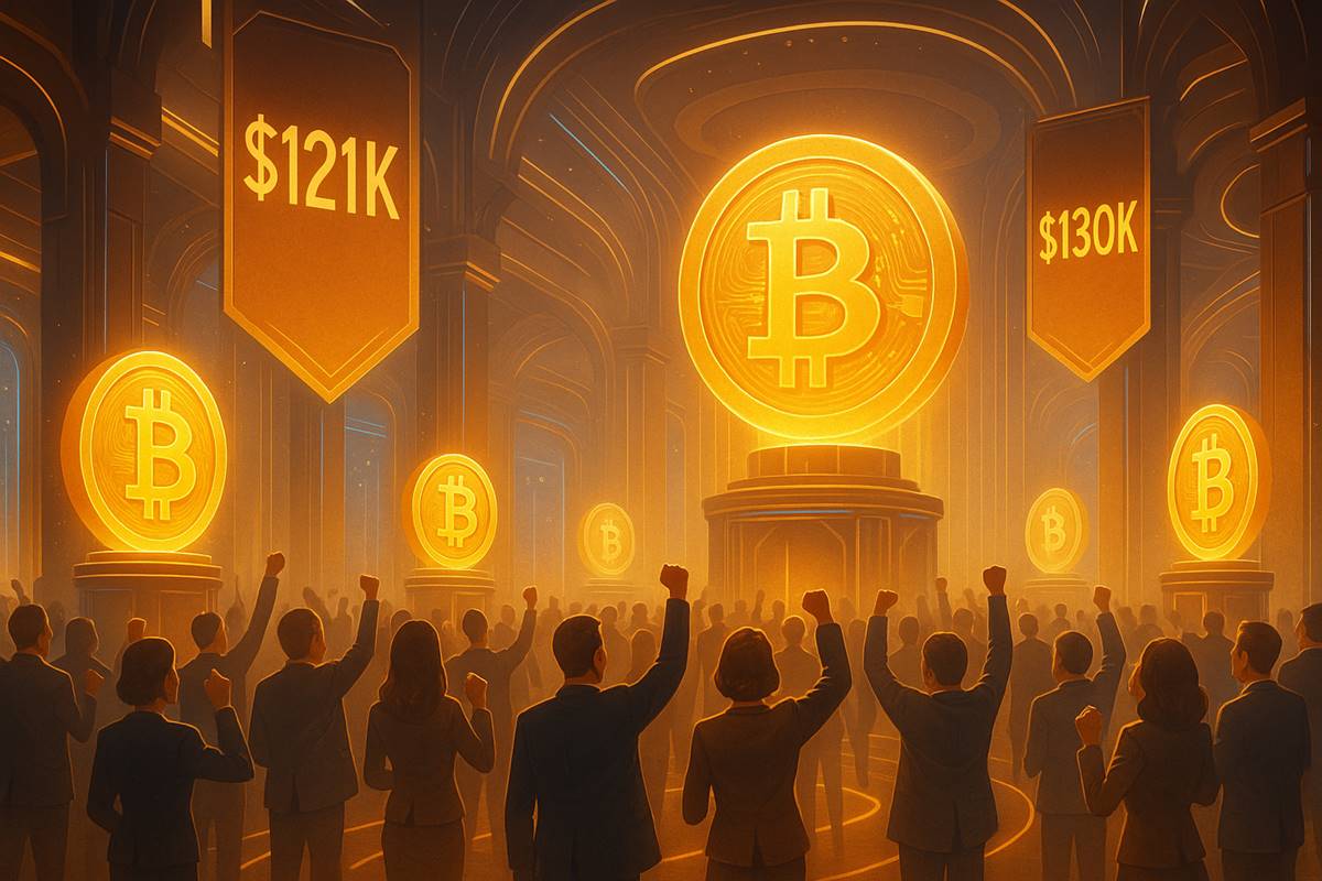 นักลงทุนฉลองในห้องโถงอนาคต ท่ามกลางรูปปั้น Bitcoin