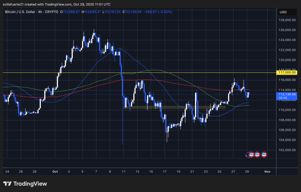 BTC consolidates below $115K | Source: BTCUSDT chart on TradingView
