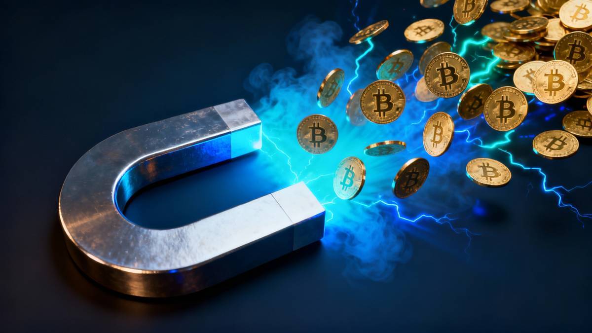 แม่เหล็กดึงดูดเหรียญ Bitcoin เปล่งพลังงานสีน้ำเงิน
