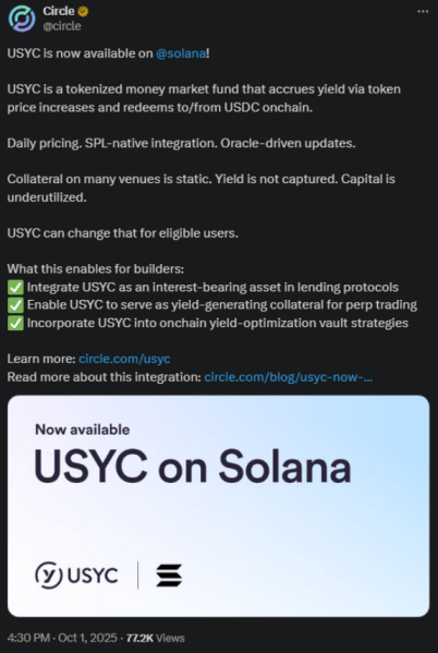 Circle announcing USYC’s Solana integration on X