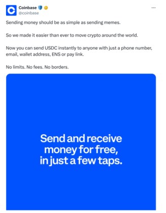 Coinbase X announcement about sending $USDC