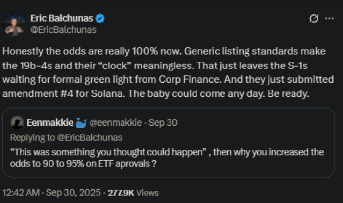Eric Balchunas putting the approval odds at 100% in his X post