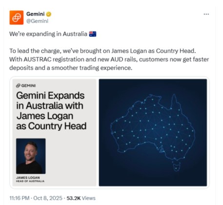 Gemini is expanding in Australia
