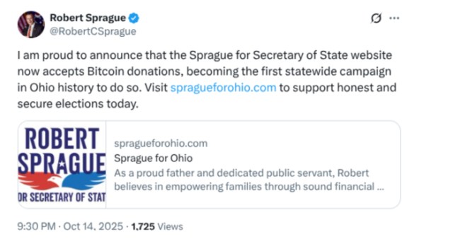 Robert Sprague announcing Bitcoin donations