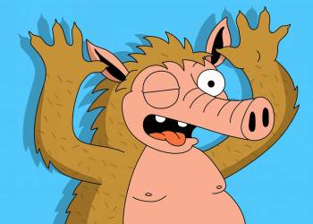 ตัวการ์ตูน Snorter ขนสีน้ำตาลทำหน้าทะเล้นพื้นหลังสีฟ้า