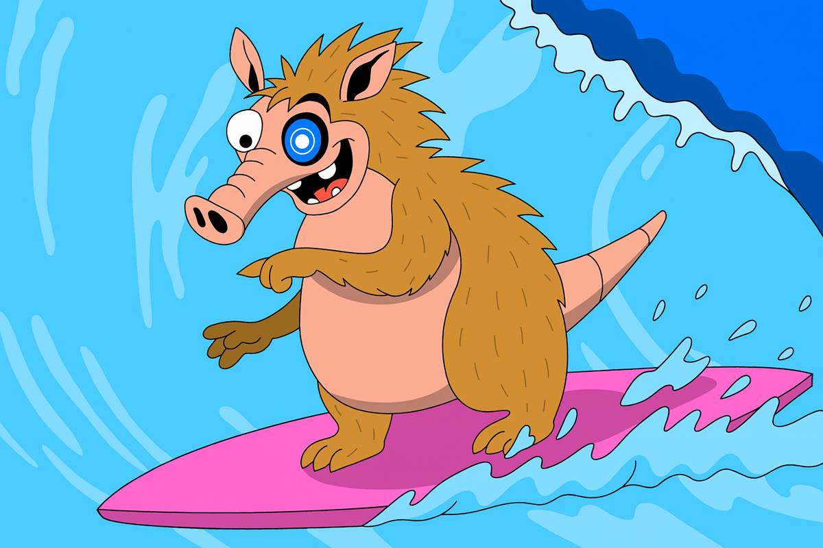 ตัวละคร Snorter ขนฟูโต้คลื่นบนเซิร์ฟบอร์ดสีชมพู