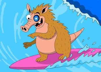 ตัวละคร Snorter ขนฟูโต้คลื่นบนเซิร์ฟบอร์ดสีชมพู