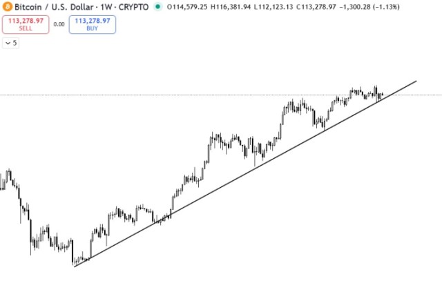 Bitcoin price history chart shows strong support from an upward-sloping trendline.
