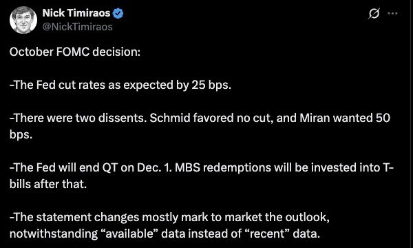 October FOMC decision outlining the 25 bps interest rate cut.