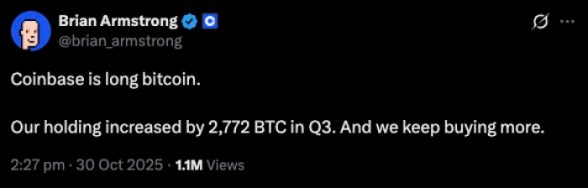 Coinbase CEO announcing the company’s $BTC holding increase of 2,773 $BTC.