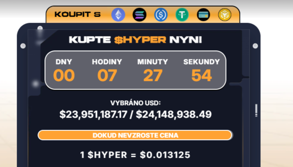 Vybraná částka v předprodeji kryptoměny $HYPER