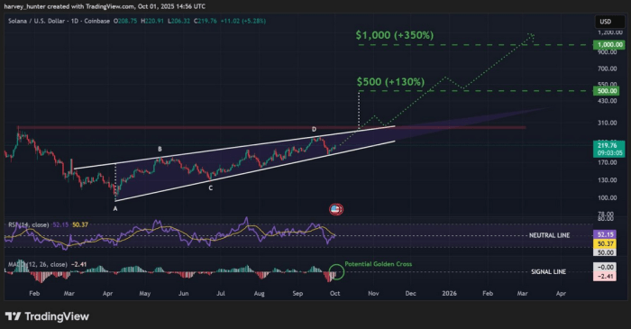 Solana 1-day chart showing a rising wedge pattern