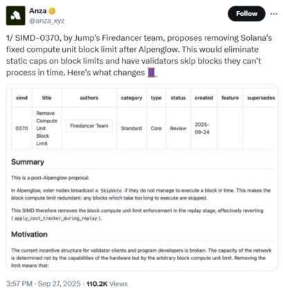 Anza announced Jump Crypto SIMD-0370 upgrade on X. 