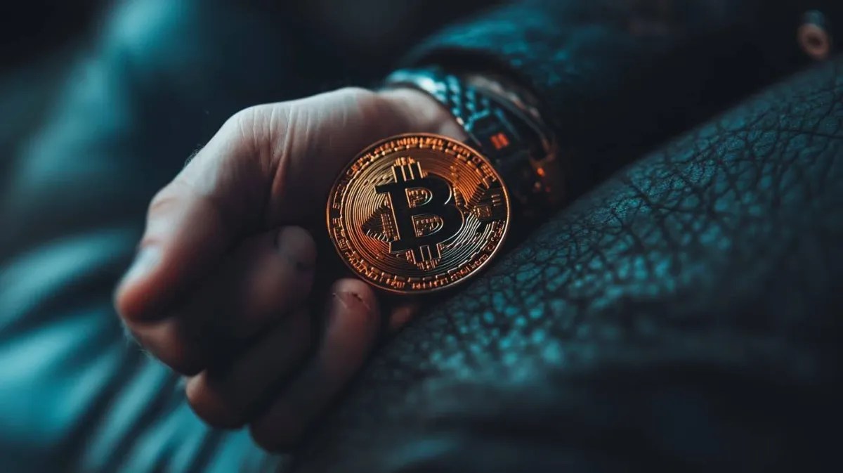 手の中にあるビットコインコインをクローズアップした写真