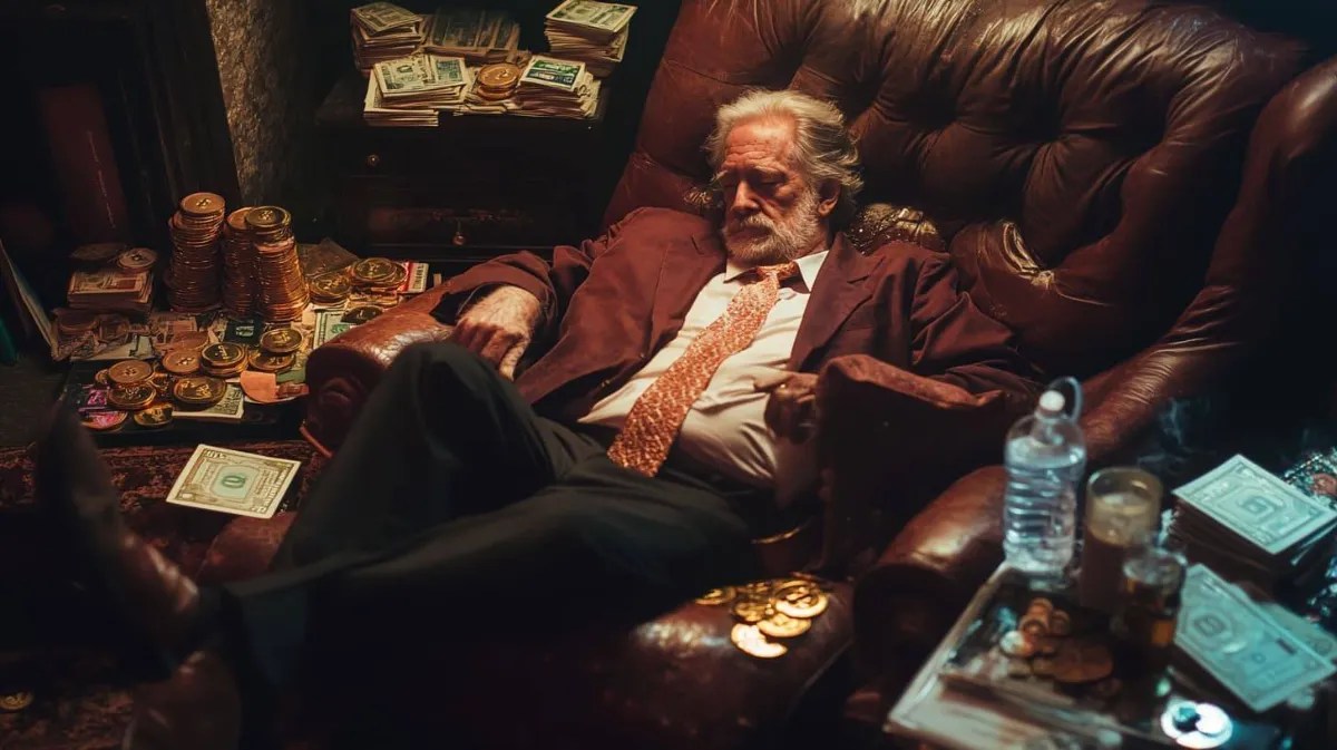 ビットコインの山と紙幣に囲まれてソファに座る男性