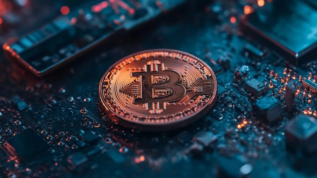 マザーボードの上に置かれたビットコインのコイン