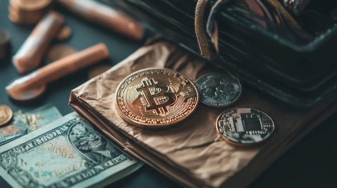 財布の横に置かれたビットコインと紙幣