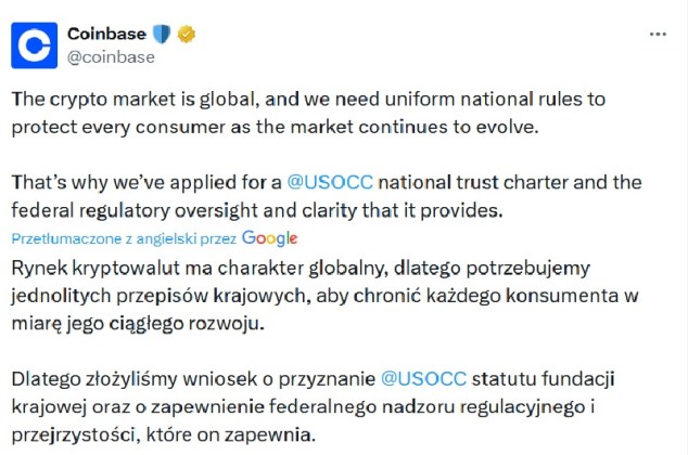 Wniosek Coinbase o licencję trustową