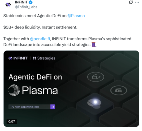 INFINIT announced Agentic DeFi launch on Plasma on X.