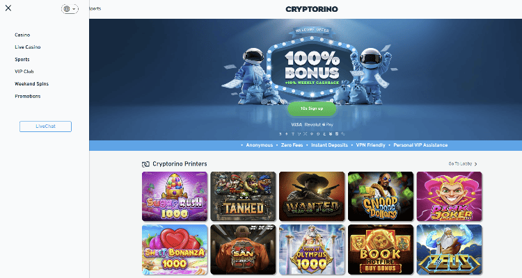 3. Cryptorino - naujas kripto kazino su įtraukiančiais žaidimais