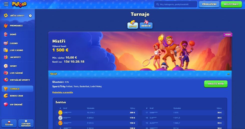 Pistolo je nová sázkovka se solidní nabídkou kurzů a pravidelným turnajem Mistři