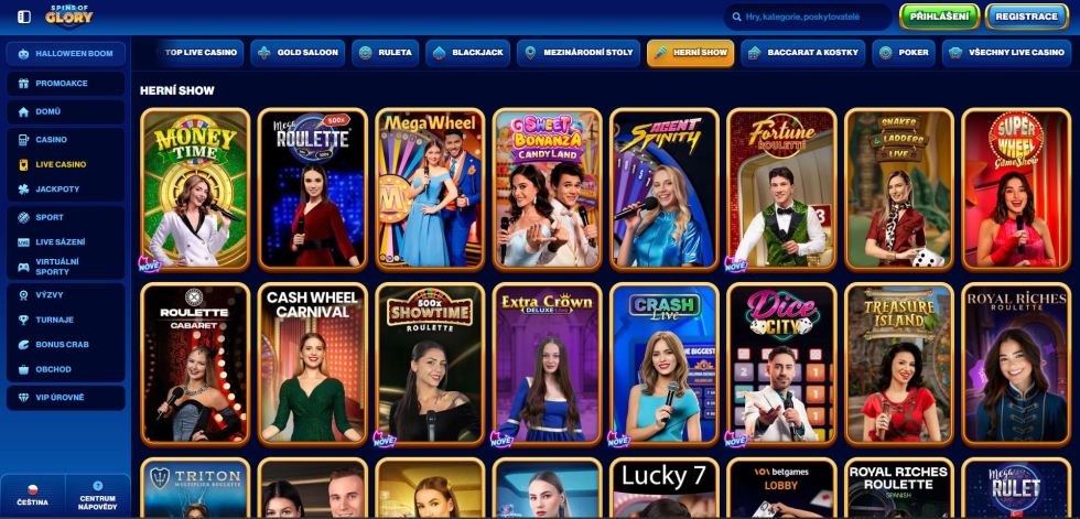Na Spins of Glory najdete stovky live stolních her i game shows