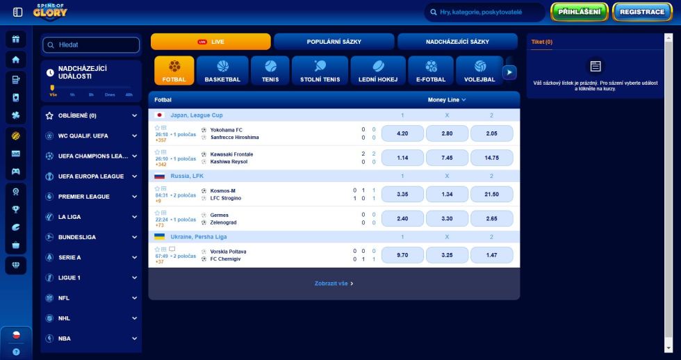 Kanceláře na internetu nabízejí pre-match i live kurzy, Spins of Glory není výjimkou