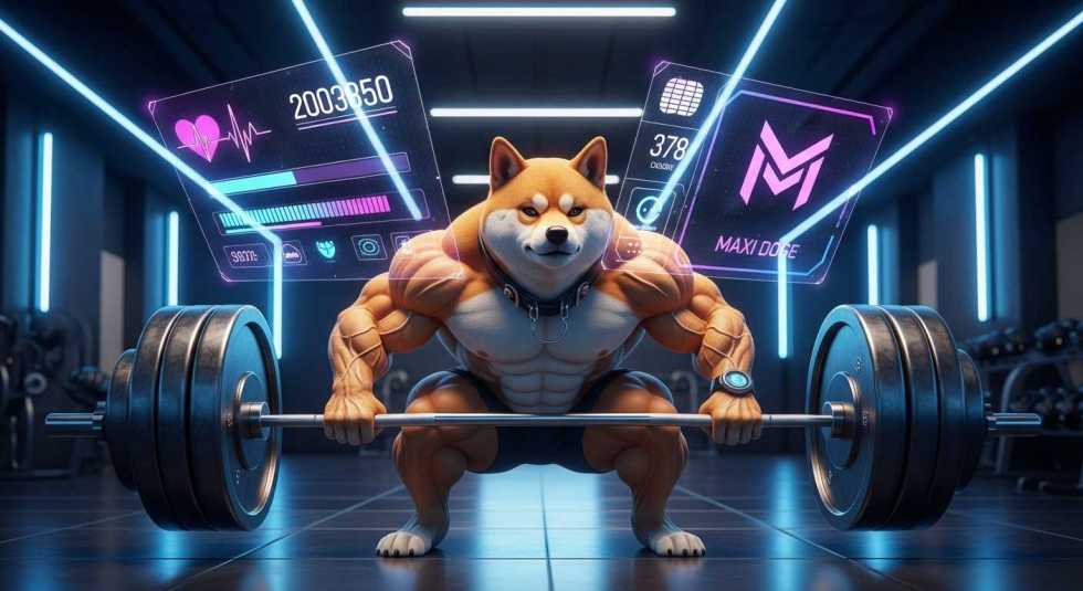 ภาพสุนัขชิบะอินุที่แข็งแรงในยิมล้ำสมัย พร้อมฟีเจอร์ดิจิทัลของเหรียญ Maxi Doge (MAXI).