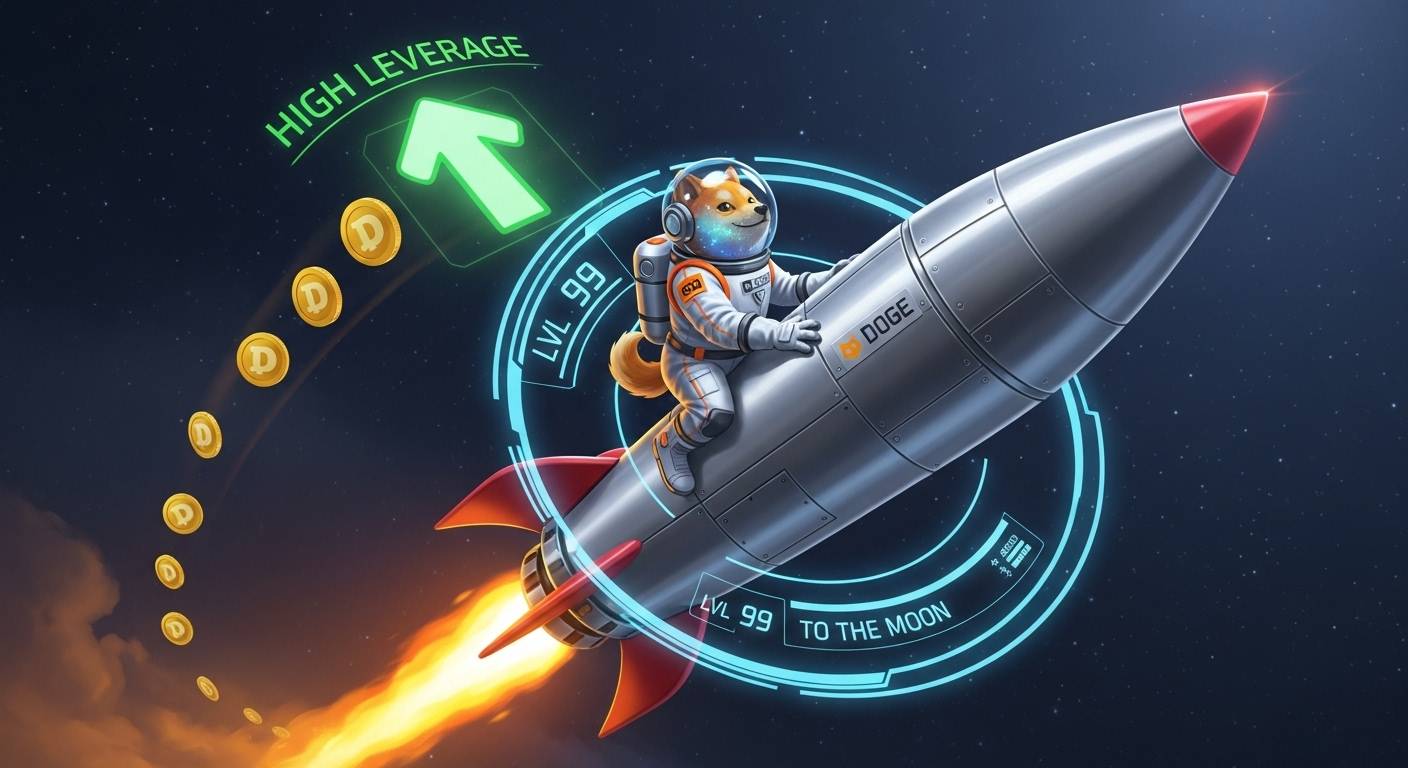 ภาพตัวละคร Maxi Doge บนจรวด ท่ามกลางองค์ประกอบเกมและกราฟพุ่งขึ้น แสดงถึงเหรียญคริปโตที่น่าลงทุนวันนี้