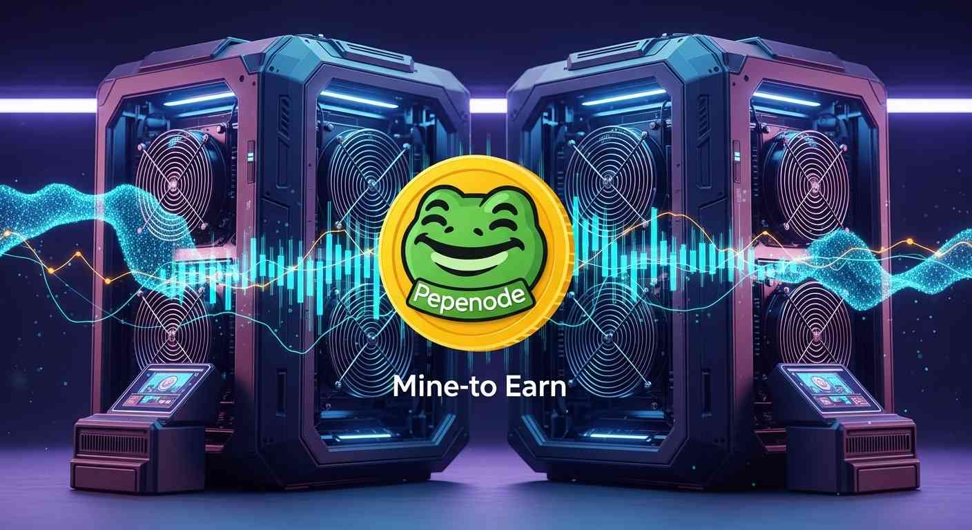 ภาพเครื่องขุดคริปโตล้ำยุคกับสัญลักษณ์เหรียญมีมกบ (Pepenode) แสดงนวัตกรรม 'Mine-to-Earn' สำหรับเหรียญคริปโตที่น่าลงทุนวันนี้