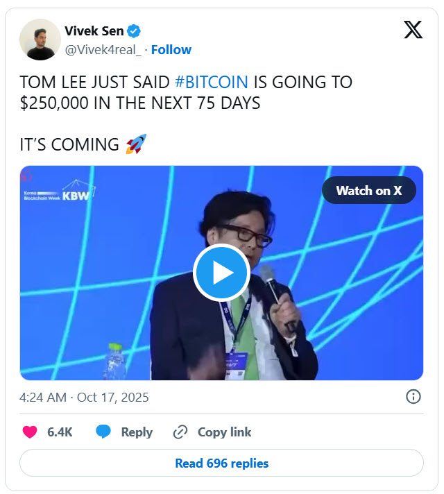 Tom Lee คาด Bitcoin จ่อทะลุ $250,000 ใน 76 วัน!