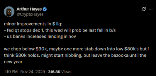 Arthur Hayes’ Bitcoin prediction on X.