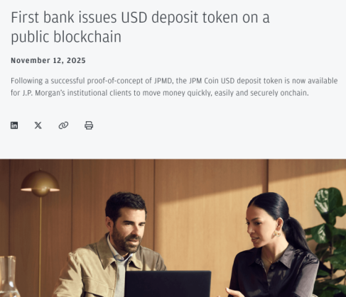 JPMorgan website showing USD deposit token announcement.
