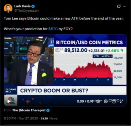 Tom Lee says Bitcoin could make a new ATH before the end of the year