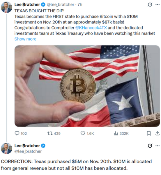 X post showing that Texas bought the Bitcoin dip.