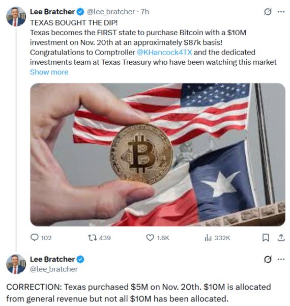 X post showing that Texas bought the Bitcoin dip.