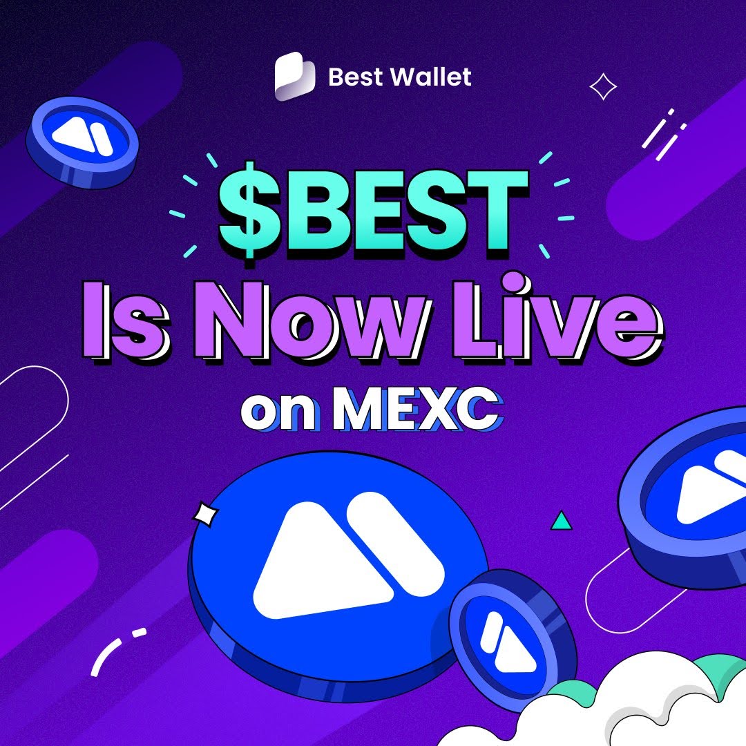 Graphique montrant la hausse du token BEST de 74 % après son listing sur MEXC et KuCoin, avec logos Binance et Coinbase en arrière-plan.